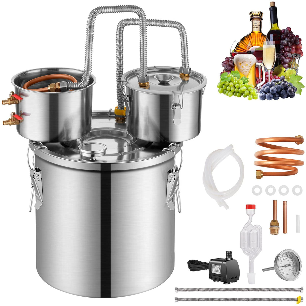 Alcohol Still, 3 Gal / 11.4 L Stainless Steel Water Alcohol Distiller with Copper Coil for Fast Cooling, Dual Condenser Distiller Kit with Secondary Distillation, for Wine Whisky Brandy, Silver