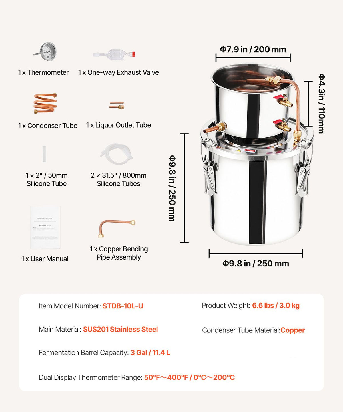 Alcohol Still, 3 Gal / 11.4 L Stainless Steel Water Alcohol Distiller with Copper Coil, Home Brewing Refining Fermentation Kit with Thermometer, for Wine Whisky Brandy, Silver