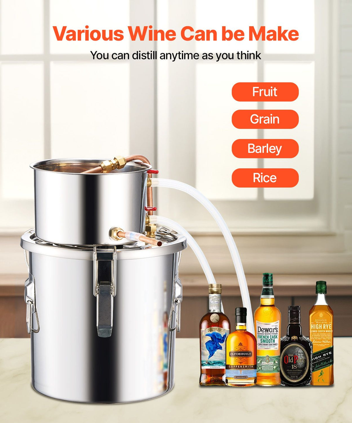 Alcohol Still, 3 Gal / 11.4 L Stainless Steel Water Alcohol Distiller with Copper Coil, Home Brewing Refining Fermentation Kit with Thermometer & Pump, for Wine Whisky Brandy, Silver