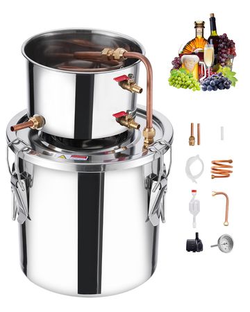 Alcohol Still, 3 Gal / 11.4 L Stainless Steel Water Alcohol Distiller with Copper Coil, Home Brewing Refining Fermentation Kit with Thermometer & Pump, for Wine Whisky Brandy, Silver