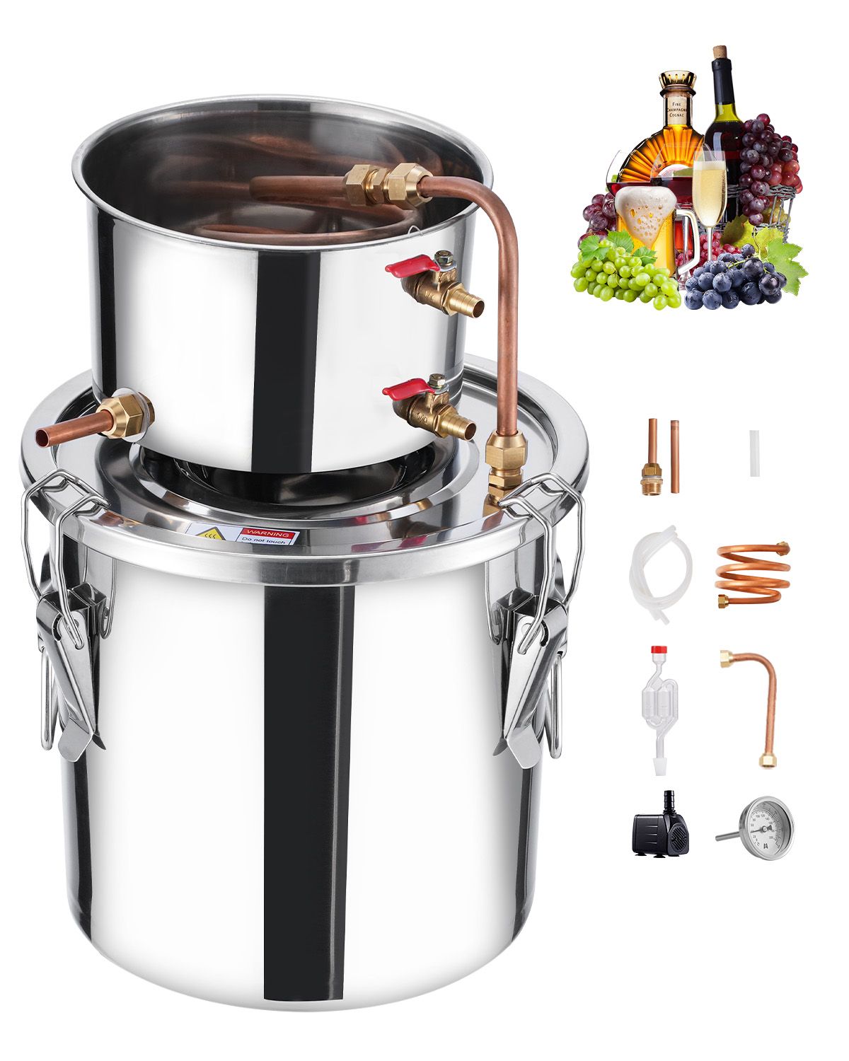 Alcohol Still, 3 Gal / 11.4 L Stainless Steel Water Alcohol Distiller with Copper Coil, Home Brewing Refining Fermentation Kit with Thermometer & Pump, for Wine Whisky Brandy, Silver