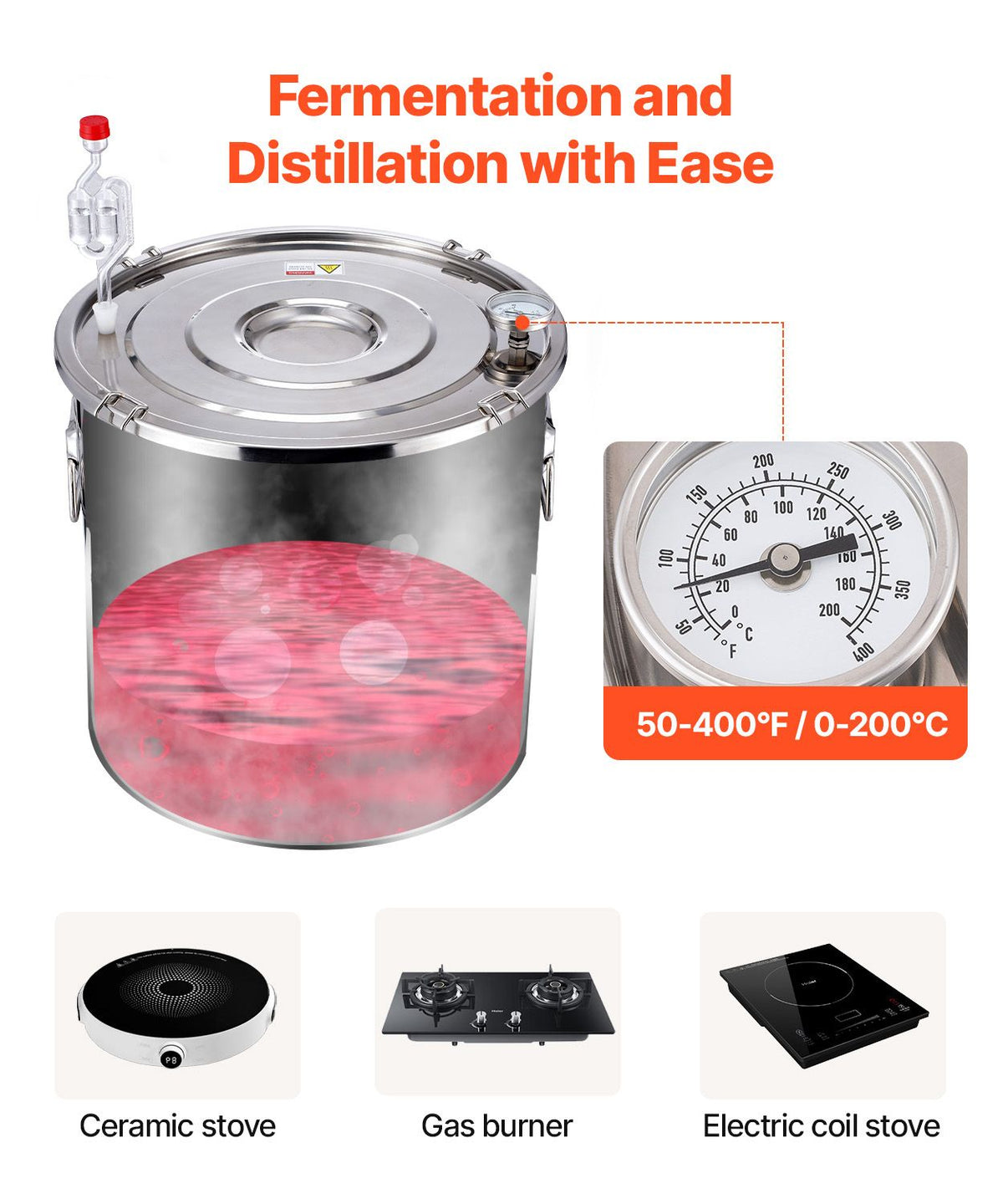 Alcohol Still, 5 Gal / 19 L Stainless Steel Water Alcohol Distiller with Copper Coil, Home Brewing Refining Fermentation Kit with Thermometer, for Wine Whisky Brandy, Silver