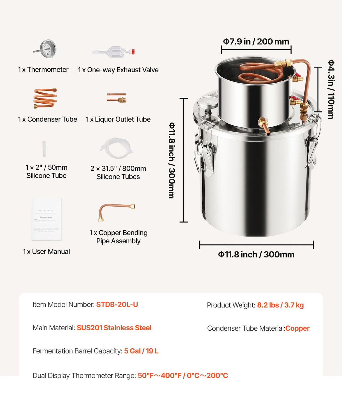 Alcohol Still, 5 Gal / 19 L Stainless Steel Water Alcohol Distiller with Copper Coil, Home Brewing Refining Fermentation Kit with Thermometer, for Wine Whisky Brandy, Silver