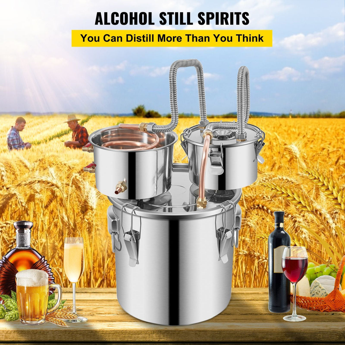 Alcohol Still, 5 Gallon, Stainless Steel Alcohol Distiller with Copper Tube & Build-in Thermometer & Water Pump, Double Thumper Keg Home Brewing Kit, for DIY Whiskey Wine Brandy