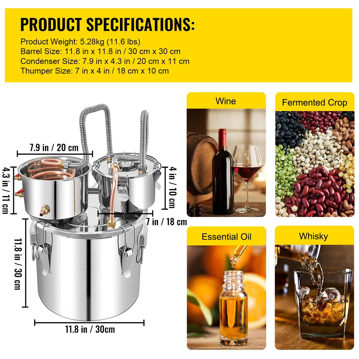 Alcohol Still, 5 Gallon, Stainless Steel Alcohol Distiller with Copper Tube & Build-in Thermometer & Water Pump, Double Thumper Keg Home Brewing Kit, for DIY Whiskey Wine Brandy