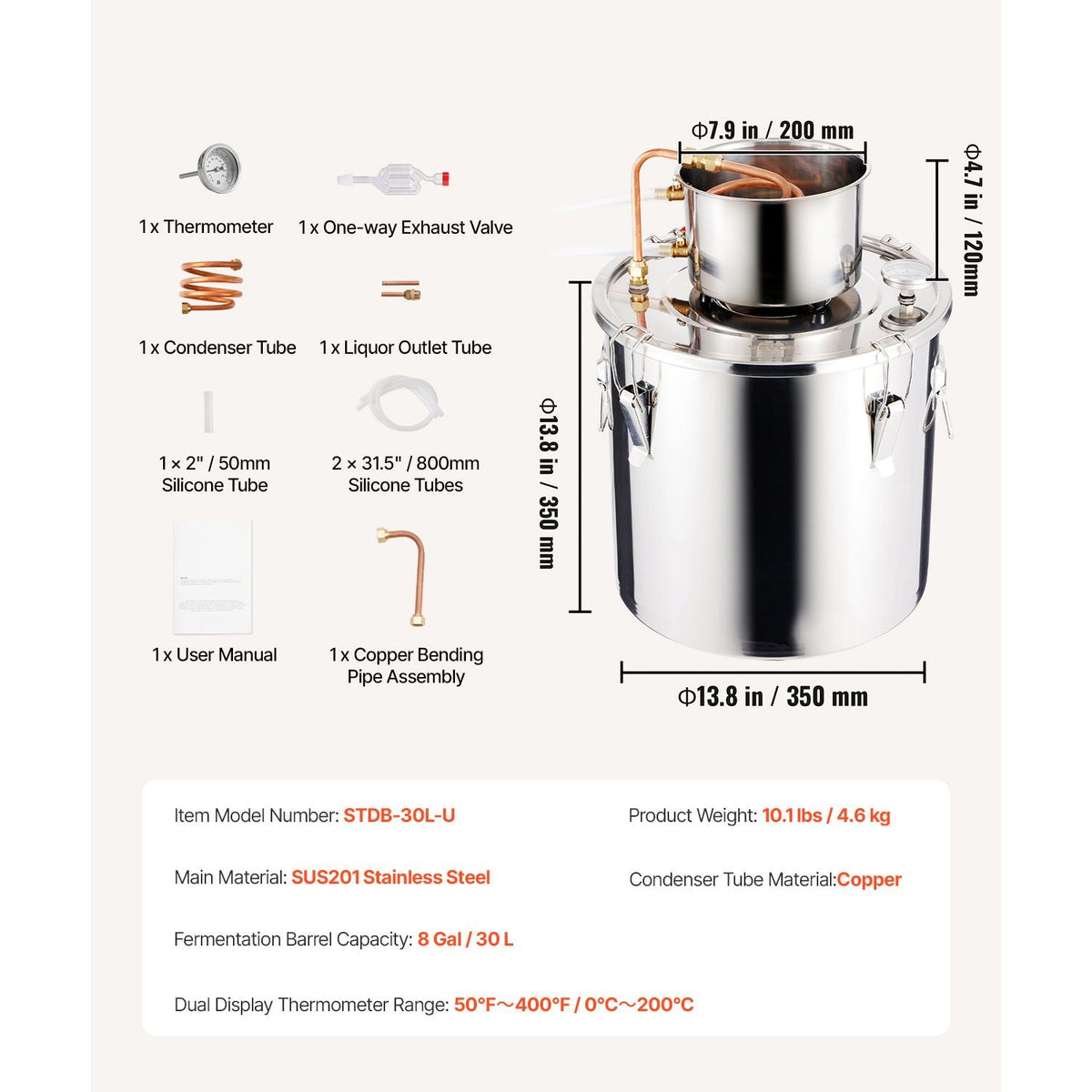 Alcohol Still, 8 Gal / 30 L Stainless Steel Water Alcohol Distiller with Copper Coil, Home Brewing Refining Fermentation Kit with Thermometer, for Wine Whisky Brandy, Silver