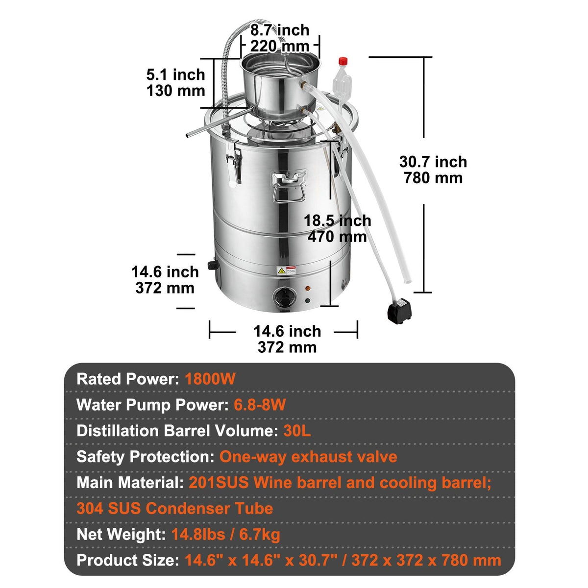 Alcohol Still, 9 Gal 30L Water Alcohol Distiller, Home Distillery Kit include Stainless Steel Tube & Pump & One-way Exhaust Valve & Thermometer (30-120 Celsius) for Whisky Wine Brandy, Silver