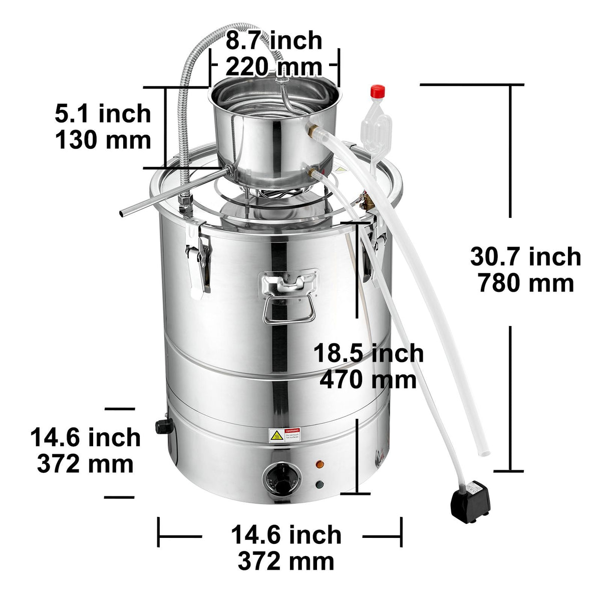 Alcohol Still, 9 Gal 30L Water Alcohol Distiller, Home Distillery Kit include Stainless Steel Tube & Pump & One-way Exhaust Valve & Thermometer (30-120 Celsius) for Whisky Wine Brandy, Silver