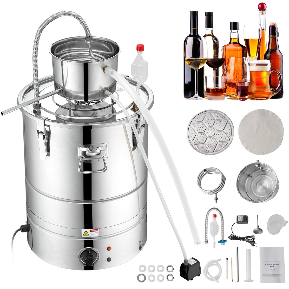Alcohol Still, 9 Gal 30L Water Alcohol Distiller, Home Distillery Kit include Stainless Steel Tube & Pump & One-way Exhaust Valve & Thermometer (30-120 Celsius) for Whisky Wine Brandy, Silver