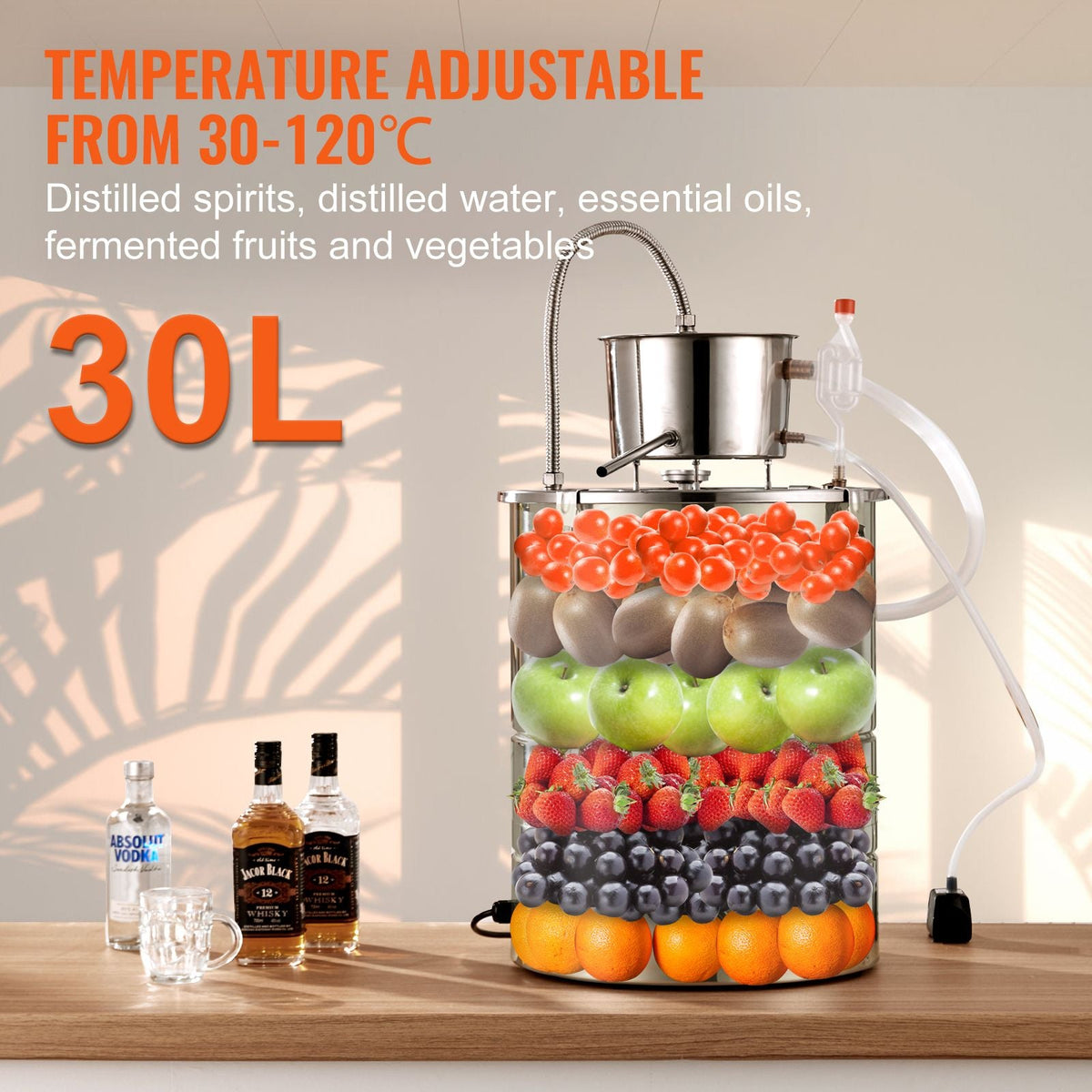 Alcohol Still, 9 Gal 30L Water Alcohol Distiller, Home Distillery Kit include Stainless Steel Tube & Pump & One-way Exhaust Valve & Thermometer (30-120 Celsius) for Whisky Wine Brandy, Silver