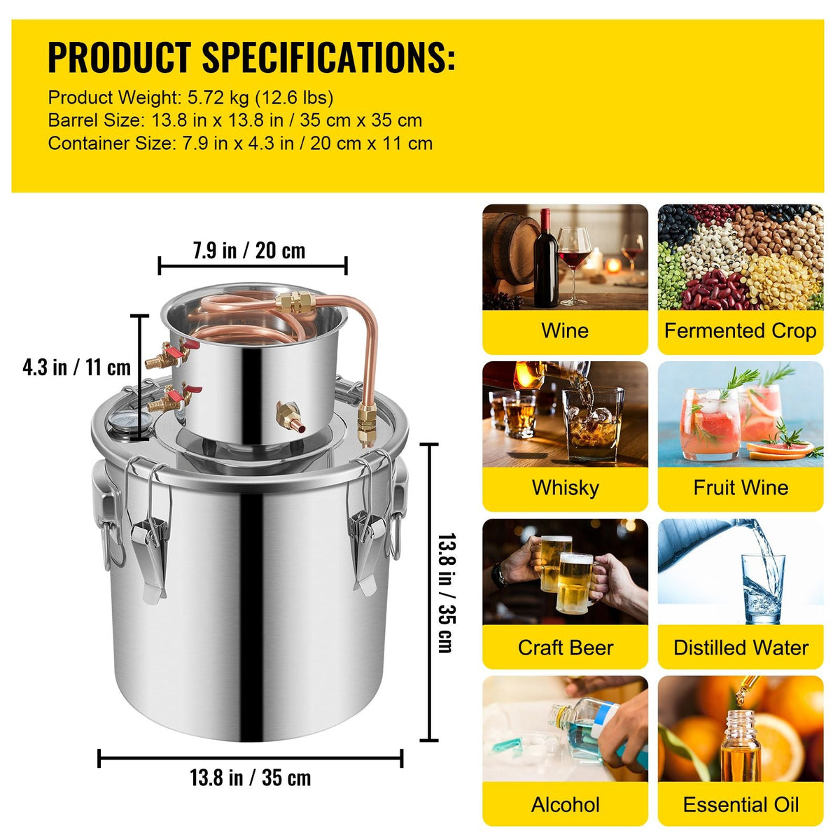 Alcohol Still 9.6Gal/38L, Alcohol Distiller with Circulating Pump, Alcohol Still Copper Tube, Whiskey Distilling Kit with Build-In Thermometer, Whiskey Making Kit for DIY Alcohol, Stainless Stee