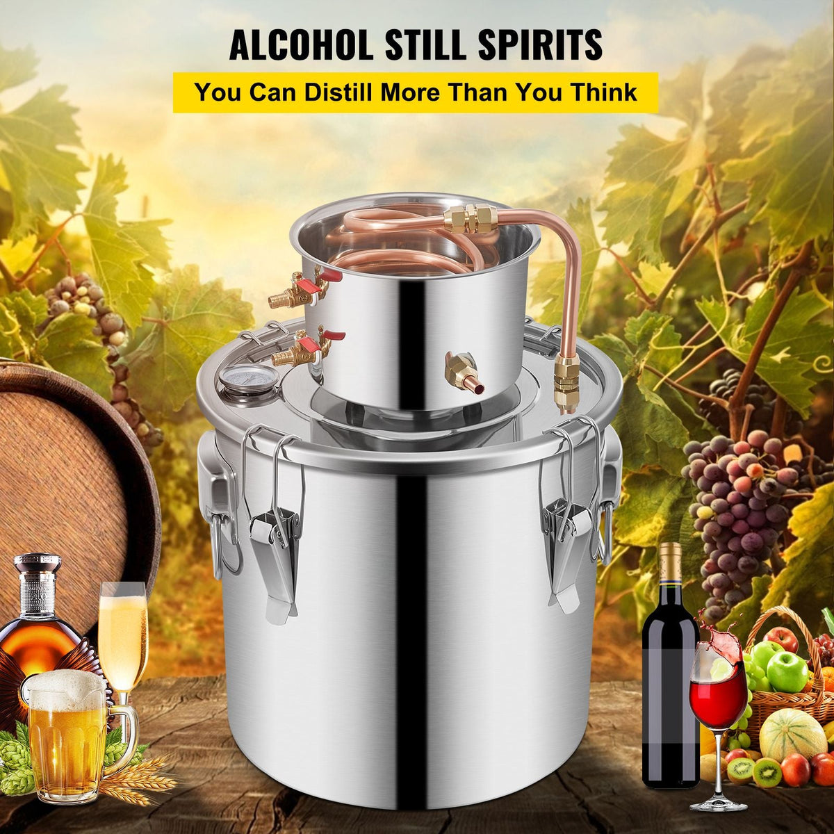 Alcohol Still 9.6Gal/38L, Alcohol Distiller with Circulating Pump, Alcohol Still Copper Tube, Whiskey Distilling Kit with Build-In Thermometer, Whiskey Making Kit for DIY Alcohol, Stainless Stee