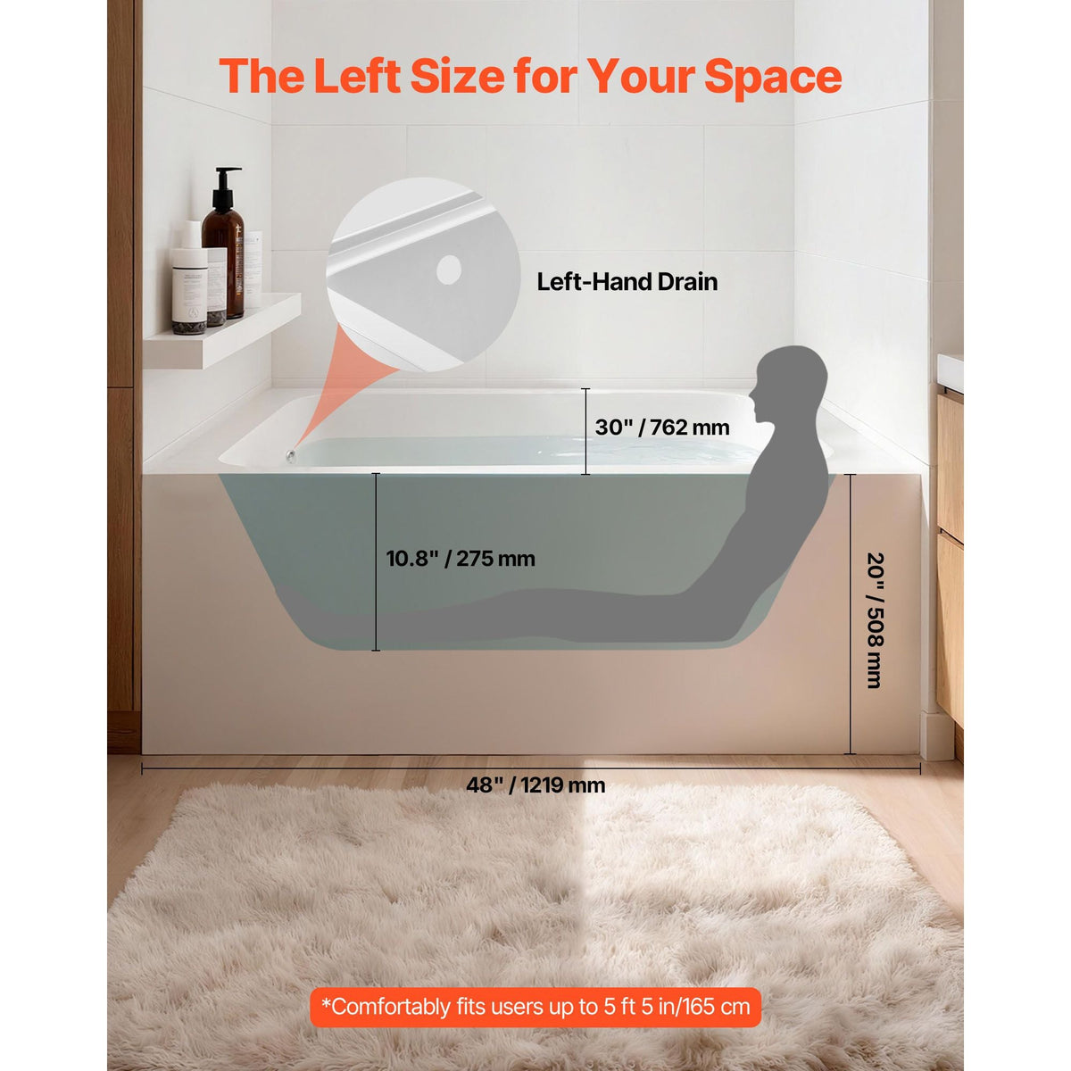 Alcove Bathtub, 48" x 30" Contemporary Alcove Acrylic Bathtub, Soaking Bath Tub with Left Hand Drain and Overflow Hole, Large Rectangular Deep Soak Tub for Bathroom with Integral Flange, White