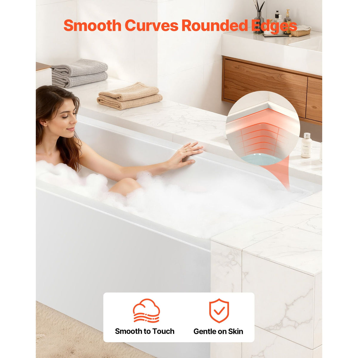 Alcove Bathtub, 54" x 30" Contemporary Alcove Acrylic Bathtub, Soaking Bath Tub with Right Hand Drain and Overflow Hole, Large Rectangular Deep Soak Tub for Bathroom with Integral Flange, White