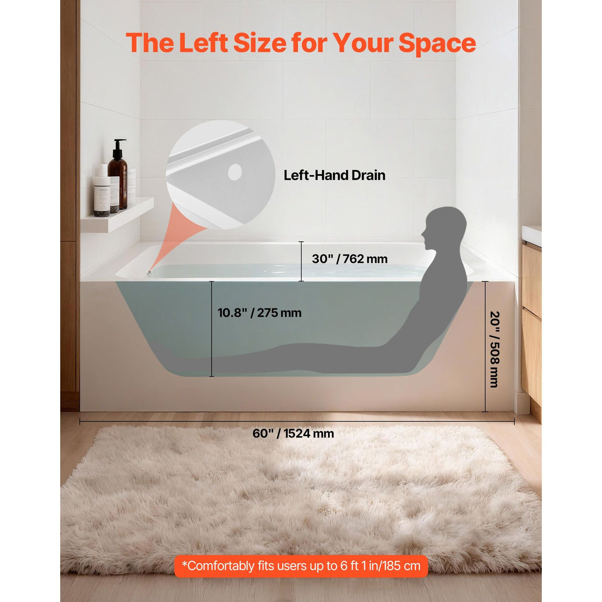 Alcove Bathtub, 60" x 30" Contemporary Alcove Acrylic Bathtub, Soaking Bath Tub with Left Hand Drain and Overflow Hole, Large Rectangular Deep Soak Tub for Bathroom with Integral Flange, White