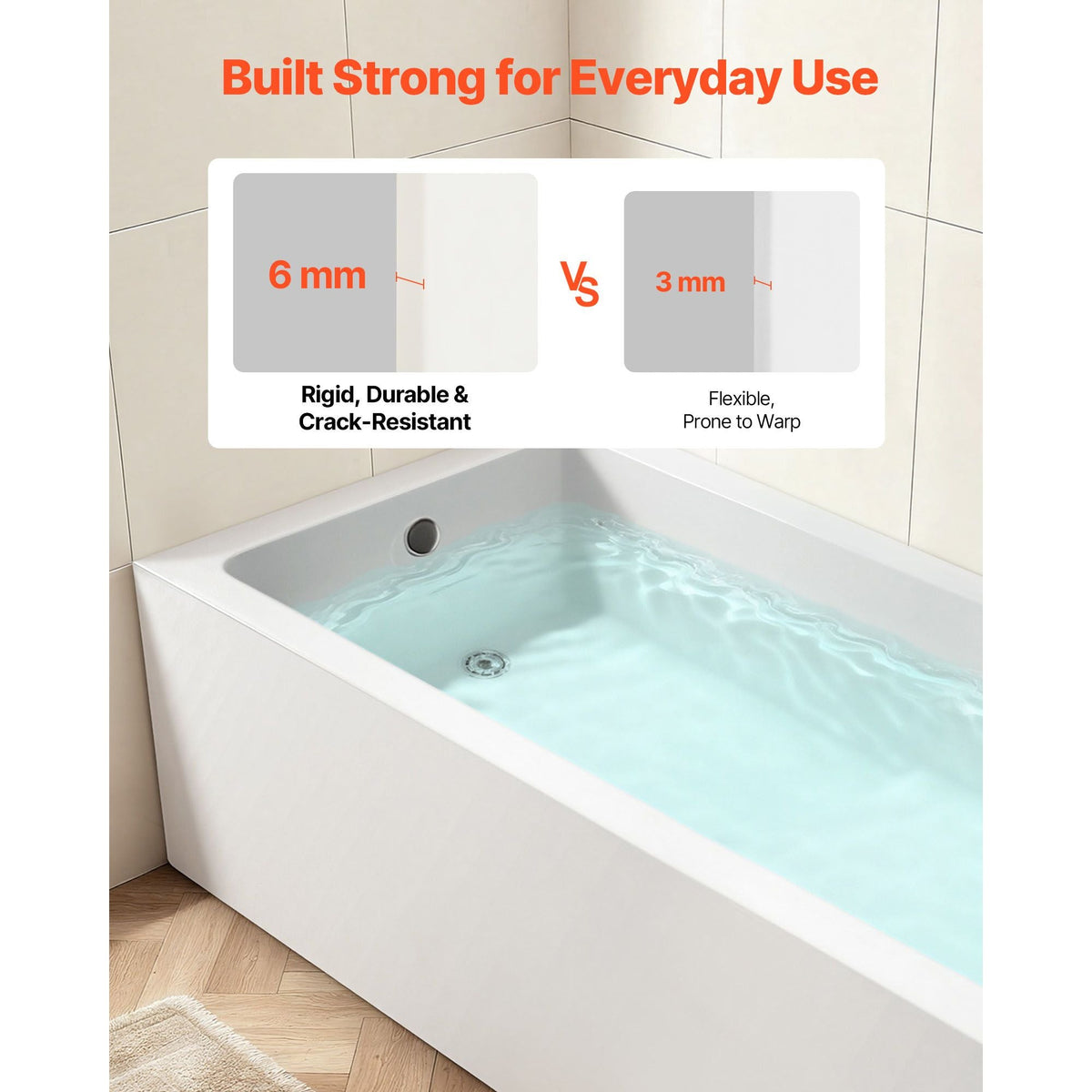 Alcove Bathtub, 60" x 30" Contemporary Alcove Acrylic Bathtub, Soaking Bath Tub with Left Hand Drain and Overflow Hole, Large Rectangular Deep Soak Tub for Bathroom with Integral Flange, White