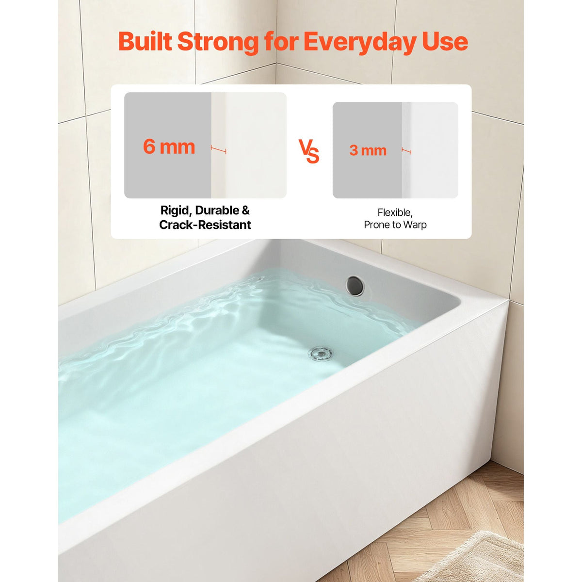 Alcove Bathtub, 60" x 30" Contemporary Alcove Acrylic Bathtub, Soaking Bath Tub with Right Hand Drain and Overflow Hole, Large Rectangular Deep Soak Tub for Bathroom with Integral Flange, White