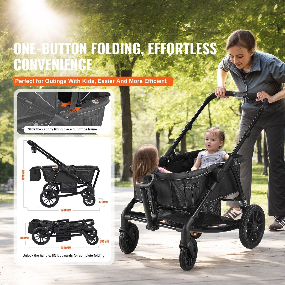 All-Terrain Stroller Wagon, 2 Seats Foldable Expedition 2-in-1 Collapsible Wagon Stroller, Includes Canopy, Parent Organizer, Snack Tray & Cup Holders, 55lbs for Single Seat, Black