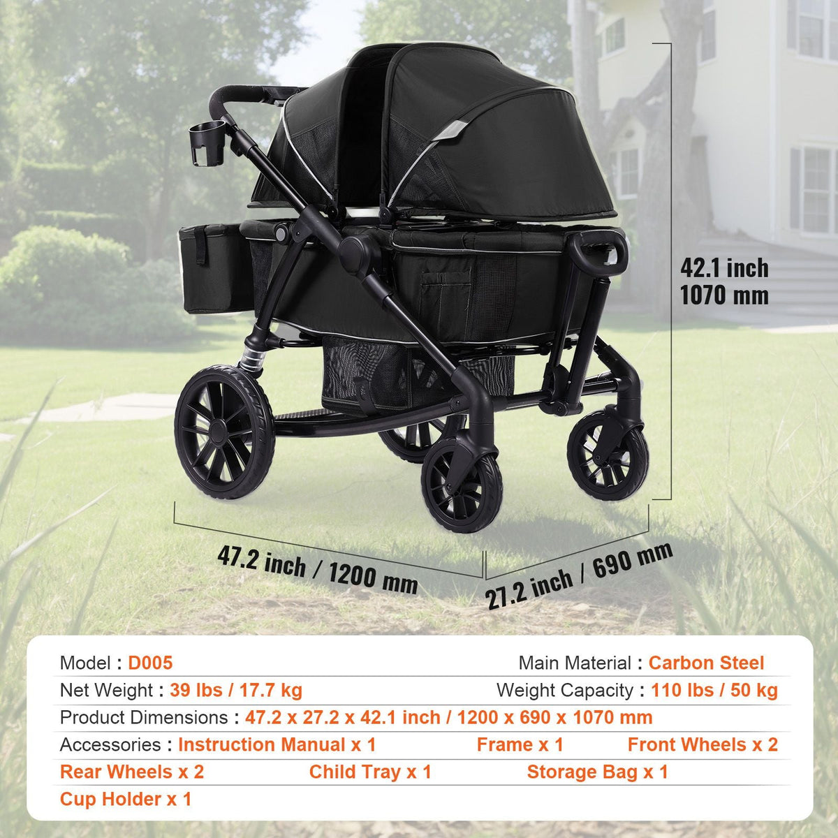 All-Terrain Stroller Wagon, 2 Seats Foldable Expedition 2-in-1 Collapsible Wagon Stroller, Includes Canopy, Parent Organizer, Snack Tray & Cup Holders, 55lbs for Single Seat, Black