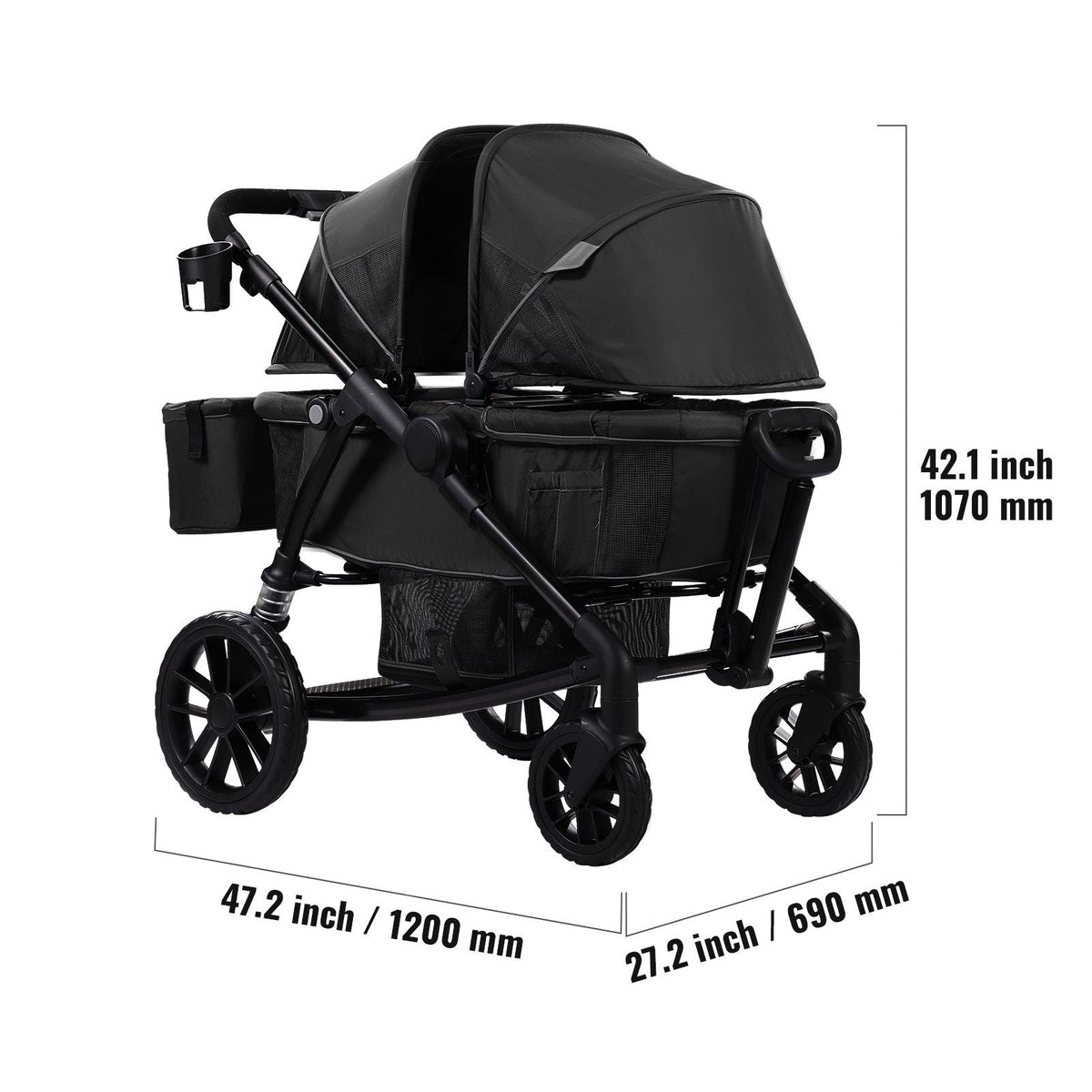 All-Terrain Stroller Wagon, 2 Seats Foldable Expedition 2-in-1 Collapsible Wagon Stroller, Includes Canopy, Parent Organizer, Snack Tray & Cup Holders, 55lbs for Single Seat, Black