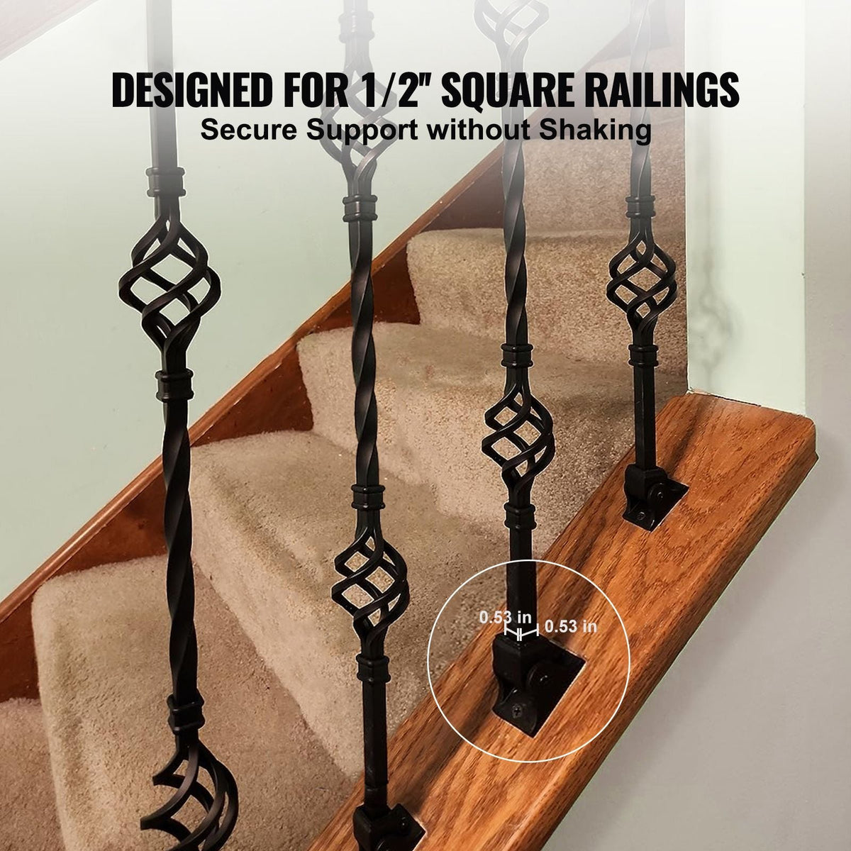 Aluminum Alloy Baluster Shoes Square Balusters Baluster Wrought Spindles for Staircase Slant Shoes with Screw Holes for 1/2 Inch Staircase Balusters, Black (50 Pcs)(Screws Sold Separately)
