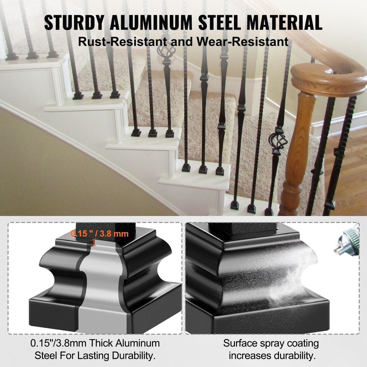 Aluminum Alloy Baluster Shoes Stair Flat Shoe with Screw Holes for 1/2 Inch Square Scroll Basket Twist Knuckle Staircase Balusters Metal Spindle Railing, Satin Black (50 Pcs)