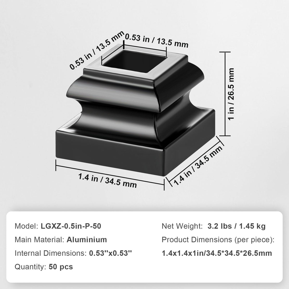 Aluminum Alloy Baluster Shoes Stair Flat Shoe with Screw Holes for 1/2 Inch Square Scroll Basket Twist Knuckle Staircase Balusters Metal Spindle Railing, Satin Black (50 Pcs)