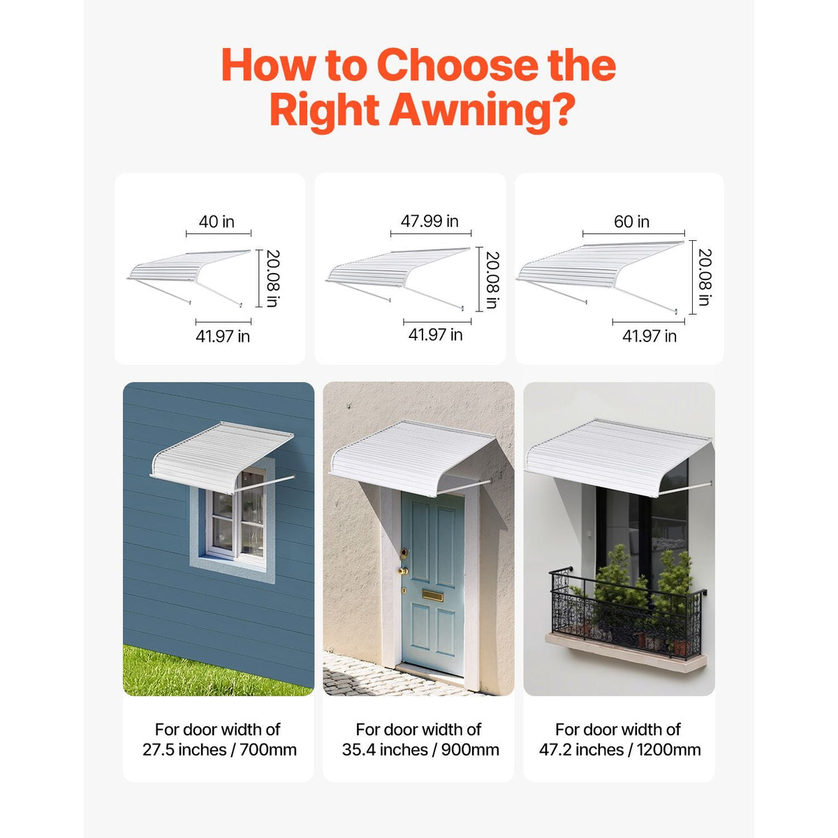 Aluminum Awning 48 x 42 in, Durable Window Awning Door Canopy, Lightweight and Stable Aluminum Exterior Awnings Rain Snow Sunlight Protection for Door Entrance Windows Patio Porch