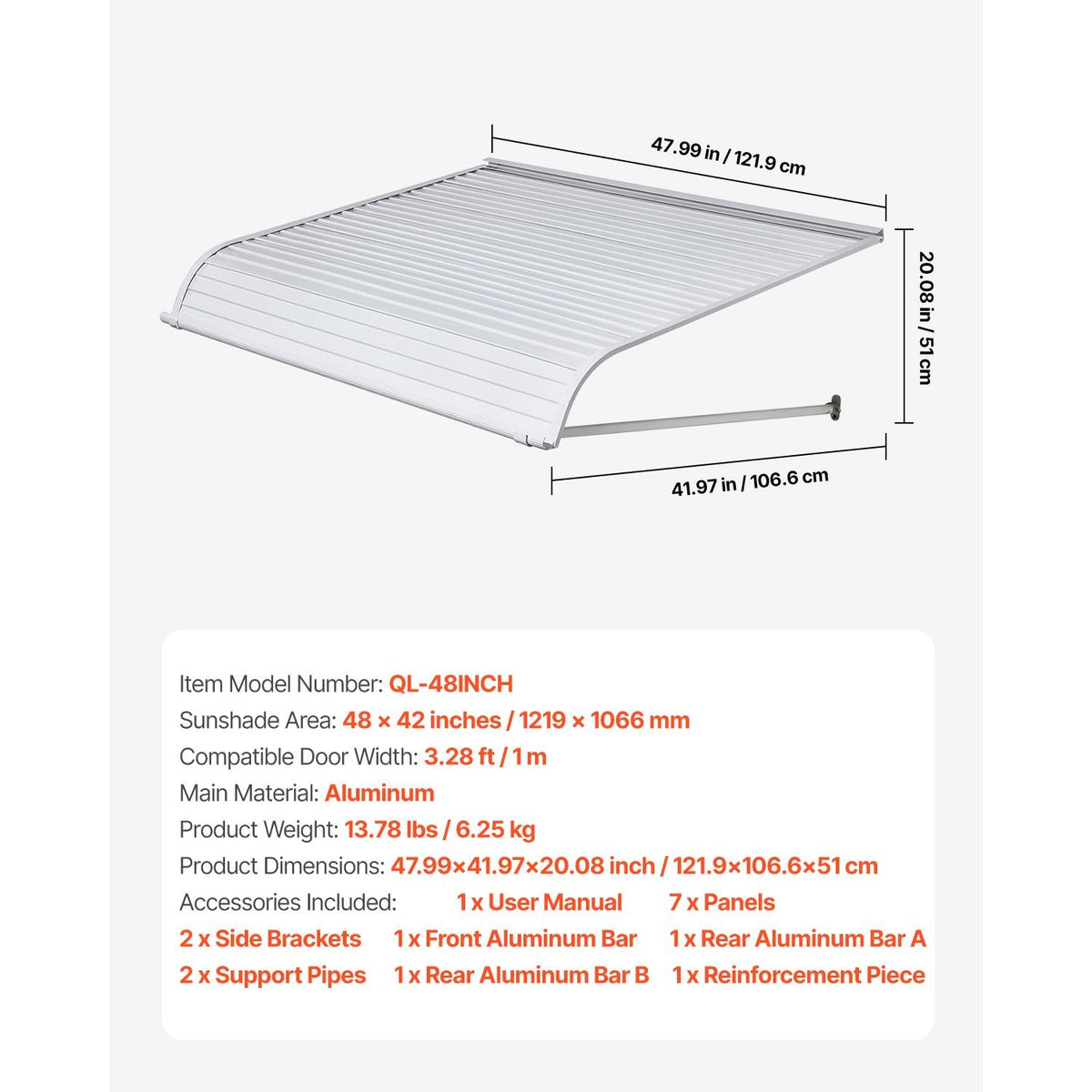 Aluminum Awning 48 x 42 in, Durable Window Awning Door Canopy, Lightweight and Stable Aluminum Exterior Awnings Rain Snow Sunlight Protection for Door Entrance Windows Patio Porch