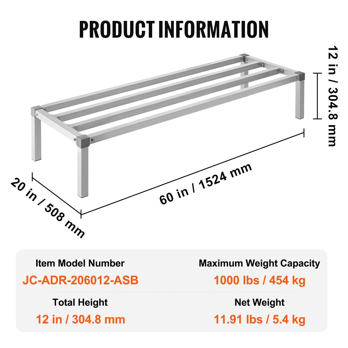 Aluminum Dunnage Rack, 60' x 20' Commercial Food Floor Rack, 12' Off the Floor, 1000 lbs Capacity All-Welded Aluminum Storage Rack, for Storage in Restaurants, Kitchens, Garages and Vehicles
