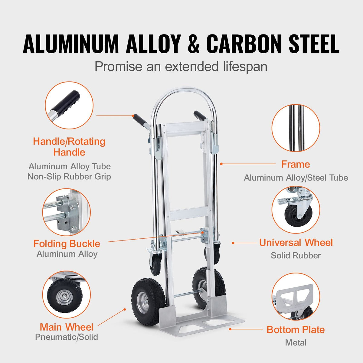 Aluminum Folding Hand Truck, 2 in 1 Design 1000 lbs Capacity, Heavy Duty Industrial Collapsible cart, Dolly Cart with Rubber Wheels for Transport and Moving in Warehouse, Supermarket, Garden