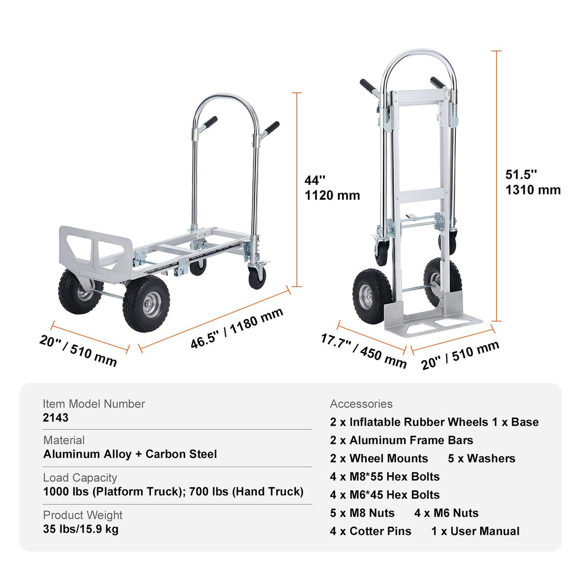 Aluminum Folding Hand Truck, 2 in 1 Design 1000 lbs Capacity, Heavy Duty Industrial Collapsible cart, Dolly Cart with Rubber Wheels for Transport and Moving in Warehouse, Supermarket, Garden
