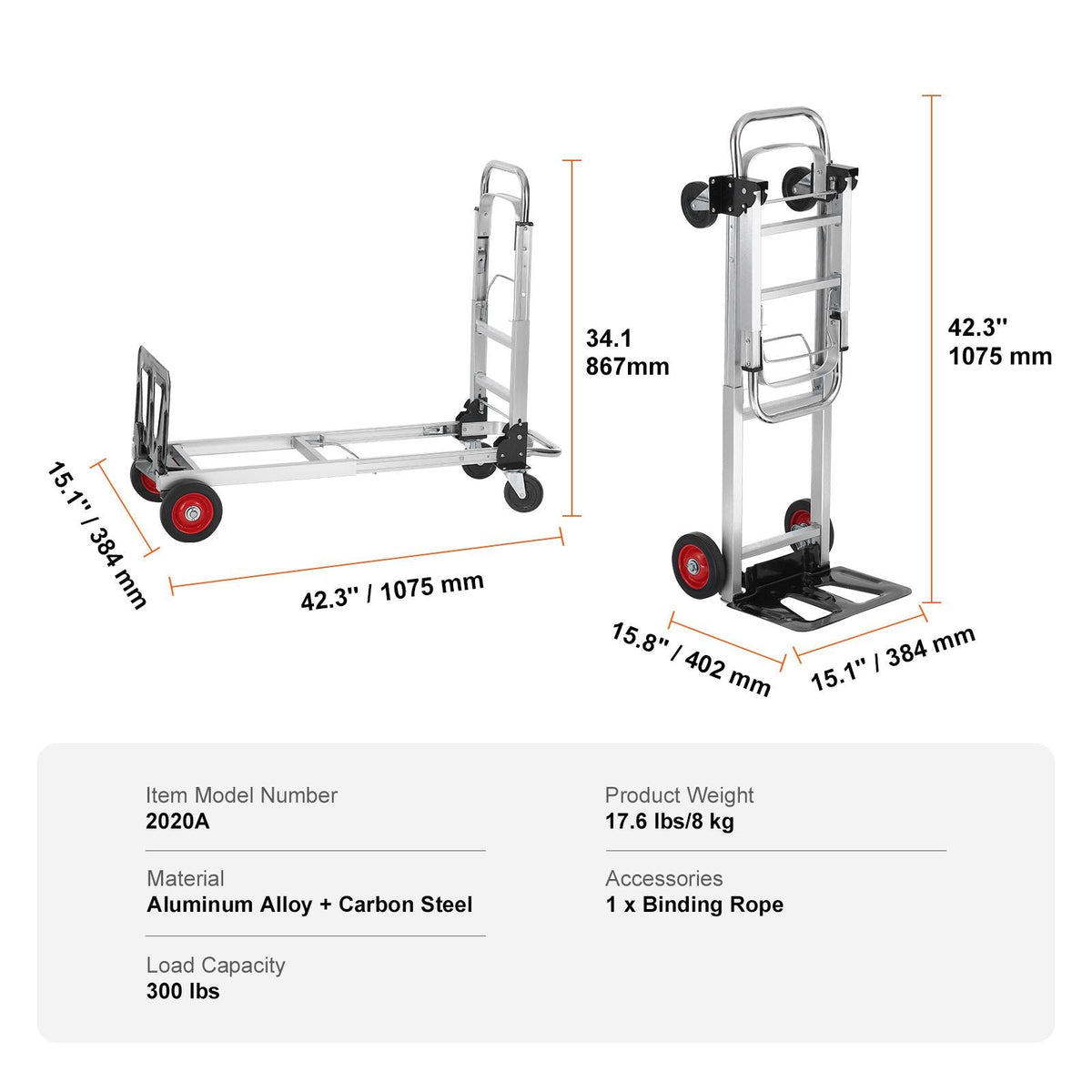 Aluminum Folding Hand Truck, 2 in 1 Design 400 lbs Capacity, Heavy Duty Industrial Collapsible cart, Dolly Cart with Rubber Wheels for Transport and Moving in Warehouse, Supermarket, Garden