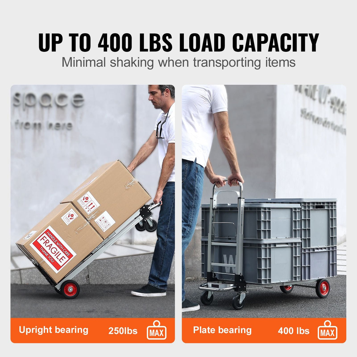 Aluminum Folding Hand Truck, 2 in 1 Design 400 lbs Capacity, Heavy Duty Industrial Collapsible cart, Dolly Cart with Rubber Wheels for Transport and Moving in Warehouse, Supermarket, Garden