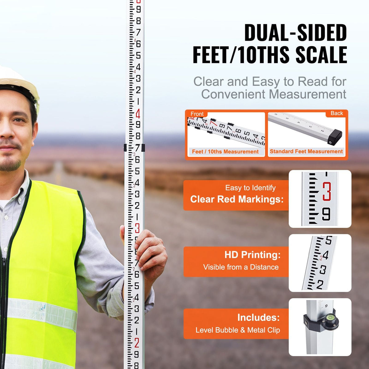 Aluminum Grade Rod, 14-Feet/10ths 6 Sections Telescopic Measuring Rod,Double-Sided Scale 1/10 ft Leveling Rod Stick,Aluminum Alloy Survey Rod w/ Bubble Level&Carrying Bag for Houses,Walls,Floors