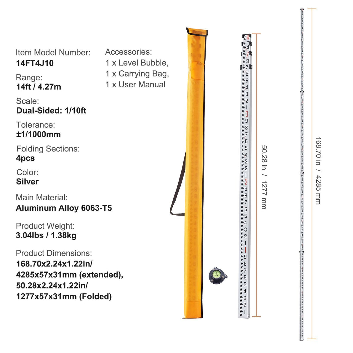 Aluminum Grade Rod, 14-Feet/10ths 6 Sections Telescopic Measuring Rod,Double-Sided Scale 1/10 ft Leveling Rod Stick,Aluminum Alloy Survey Rod w/ Bubble Level&Carrying Bag for Houses,Walls,Floors