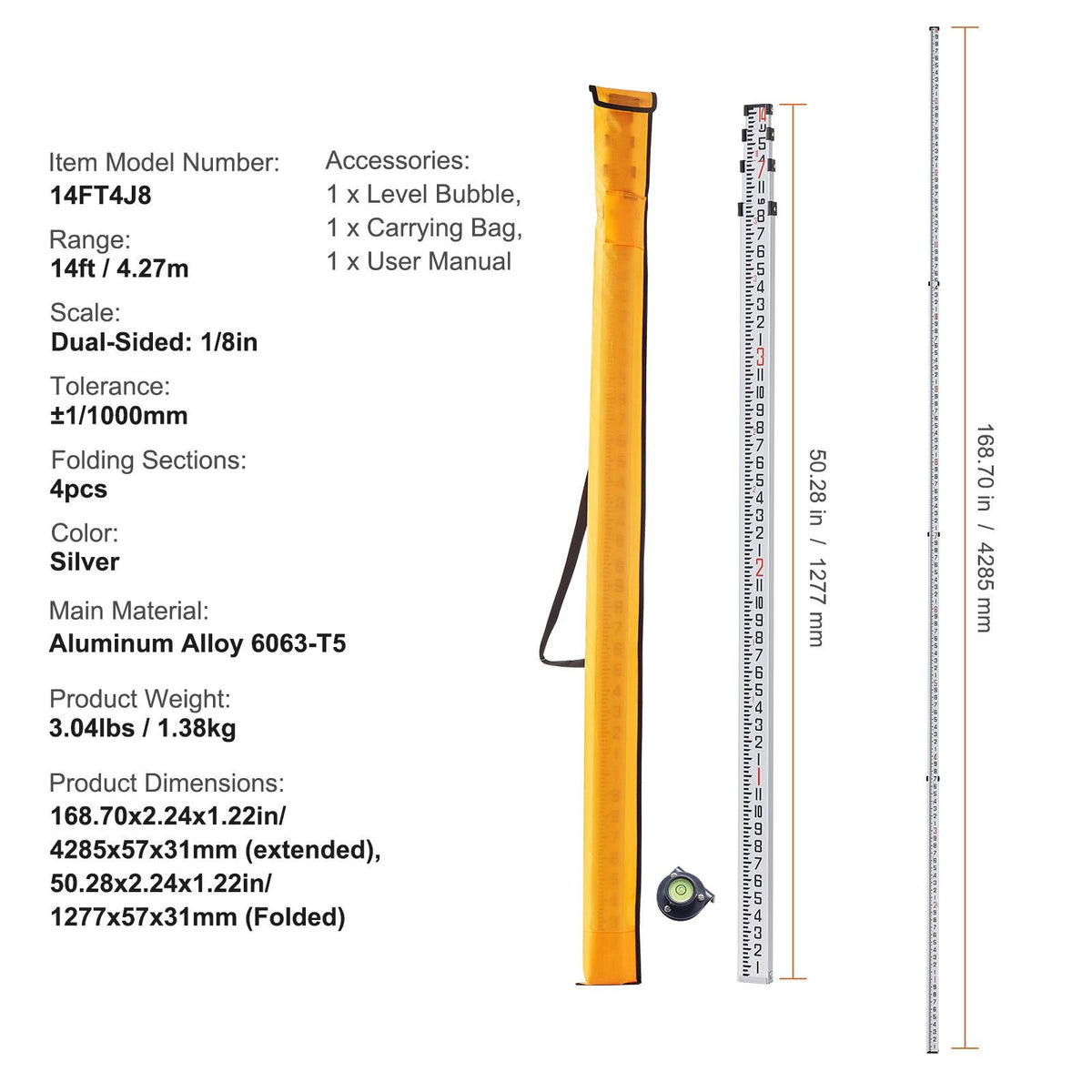 Aluminum Grade Rod, 14-Feet/8ths 4 Sections Telescopic Measuring Rod, Double-Sided Scale 1/8in Leveling Rod Stick, Aluminum Alloy Survey Rod w/ Bubble Level &Carrying Bag for Houses,Walls,Floors