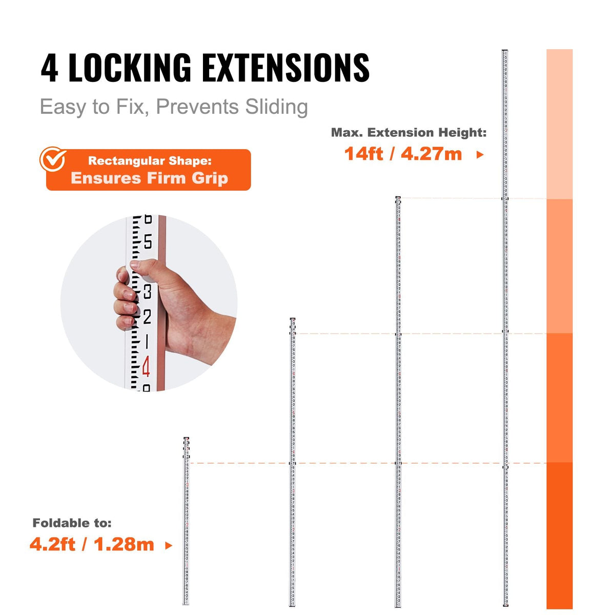 Aluminum Grade Rod, 14-Feet/8ths 4 Sections Telescopic Measuring Rod, Double-Sided Scale 1/8in Leveling Rod Stick, Aluminum Alloy Survey Rod w/ Bubble Level &Carrying Bag for Houses,Walls,Floors