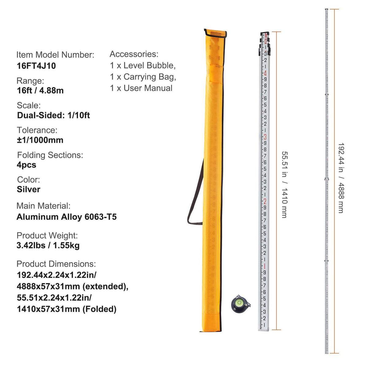 Aluminum Grade Rod, 16-Feet/10ths 4 Sections Telescopic Measuring Rod,Double-Sided Scale 1/10ft Leveling Rod Stick,Aluminum Alloy Survey Rod w/ Bubble Level &Carrying Bag for Houses,Walls,Floors