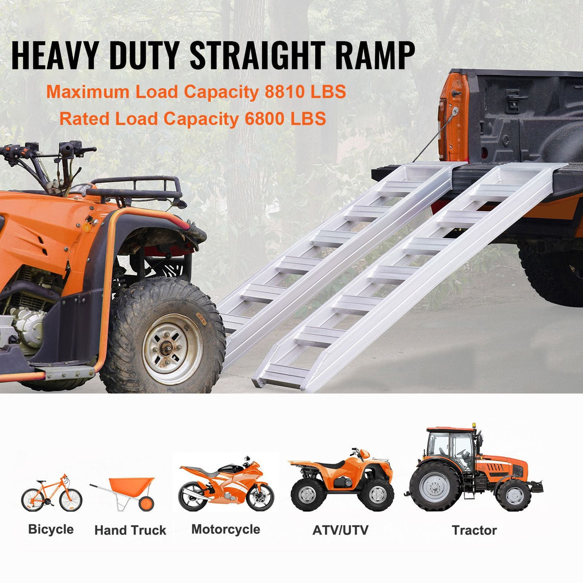 Aluminum Ramps, 8810 lbs, Heavy-duty Ramps with Top Hook Attaching End, Universal Loading Ramp for Motorcycle, Tractor, ATV/UTV, Trucks, Lawn Mower, 72"L x 15"W, 2Pcs