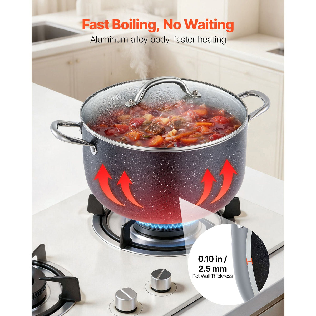 Aluminum Stock Pot, 12-Quart Nonstick Ceramic Coated Pot with Glass Lid, PFOA-Free, PFAS-Free, Compatible with Gas Stoves, Induction Cooktops, Electric Stoves, for Soups, Stews, and Pasta