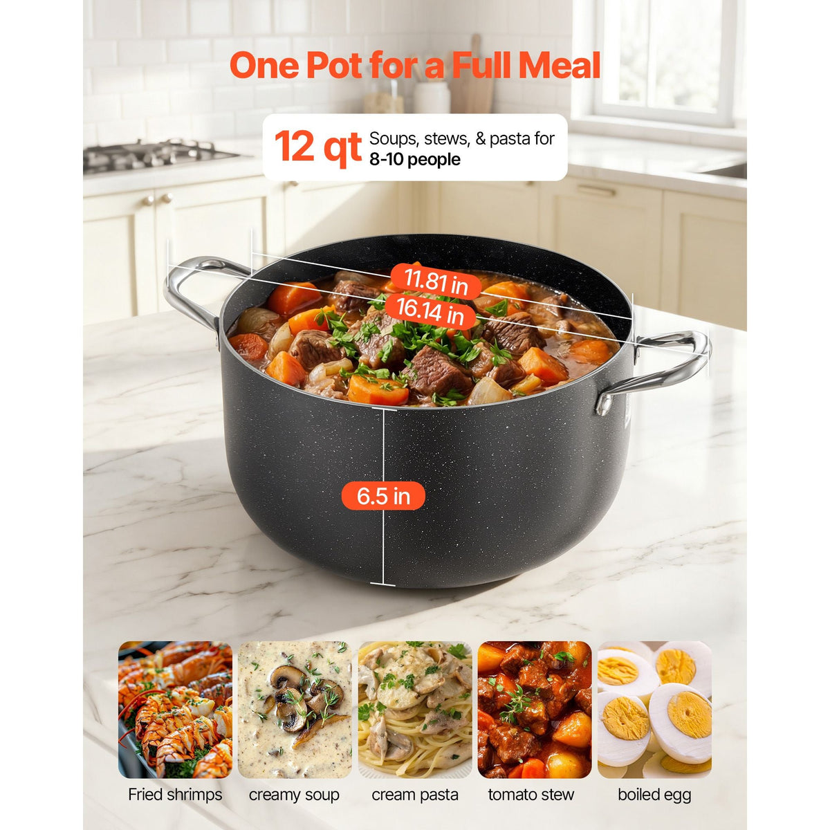 Aluminum Stock Pot, 12-Quart Nonstick Ceramic Coated Pot with Glass Lid, PFOA-Free, PFAS-Free, Compatible with Gas Stoves, Induction Cooktops, Electric Stoves, for Soups, Stews, and Pasta