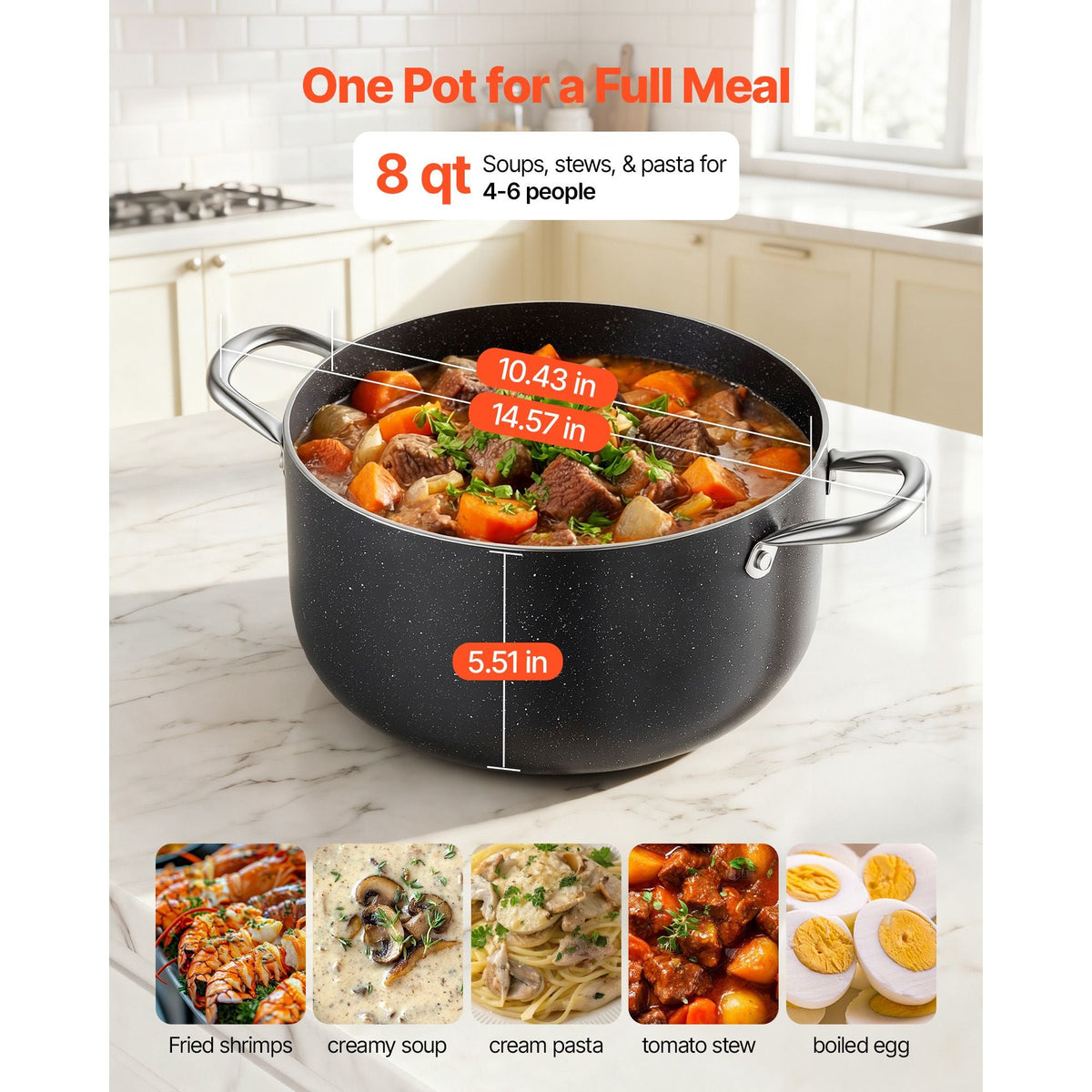 Aluminum Stock Pot, 8-Quart Nonstick Ceramic Coated Pot with Glass Lid, PFOA-Free, PFAS-Free, Compatible with Gas Stoves, Induction Cooktops, Electric Stoves, for Soups, Stews, and Pasta