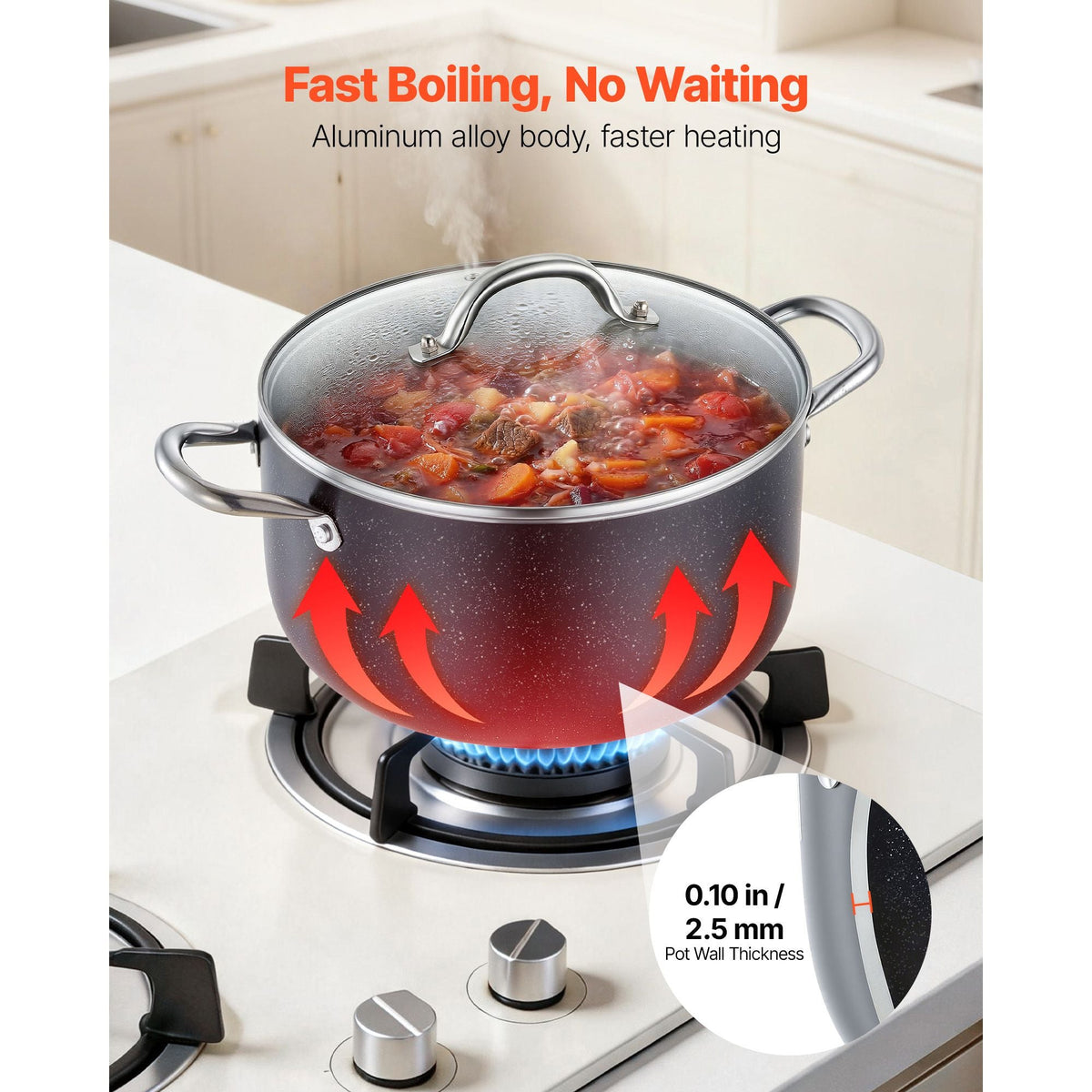 Aluminum Stock Pot, 8-Quart Nonstick Ceramic Coated Pot with Glass Lid, PFOA-Free, PFAS-Free, Compatible with Gas Stoves, Induction Cooktops, Electric Stoves, for Soups, Stews, and Pasta
