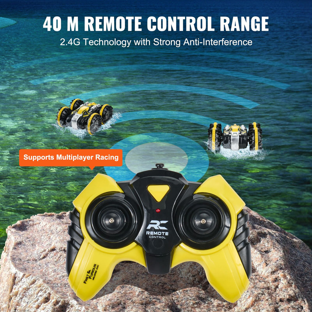 Amphibious Remote Control Car Boat, 2.4GHz 12 km/h, 4WD Waterproof RC Car for Kids, 360° Rotating Stunt Car with 2 Batteries, All Terrain Water Beach Pool Toy for 6+ Year Old Boys Girls, Yellow