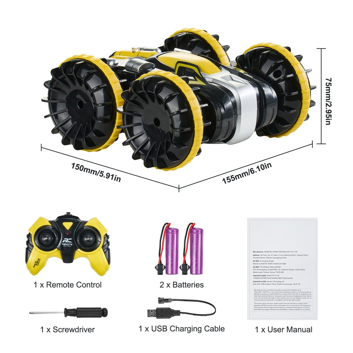 Amphibious Remote Control Car Boat, 2.4GHz 12 km/h, 4WD Waterproof RC Car for Kids, 360° Rotating Stunt Car with 2 Batteries, All Terrain Water Beach Pool Toy for 6+ Year Old Boys Girls, Yellow