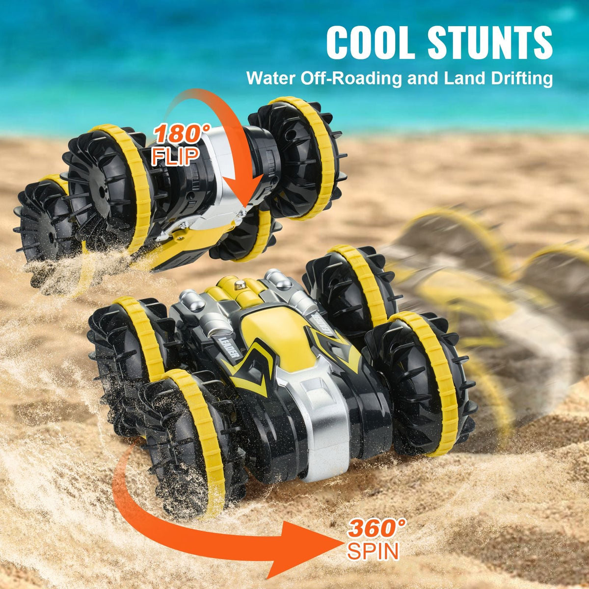 Amphibious Remote Control Car Boat, 2.4GHz 12 km/h, 4WD Waterproof RC Car for Kids, 360° Rotating Stunt Car with 2 Batteries, All Terrain Water Beach Pool Toy for 6+ Year Old Boys Girls, Yellow