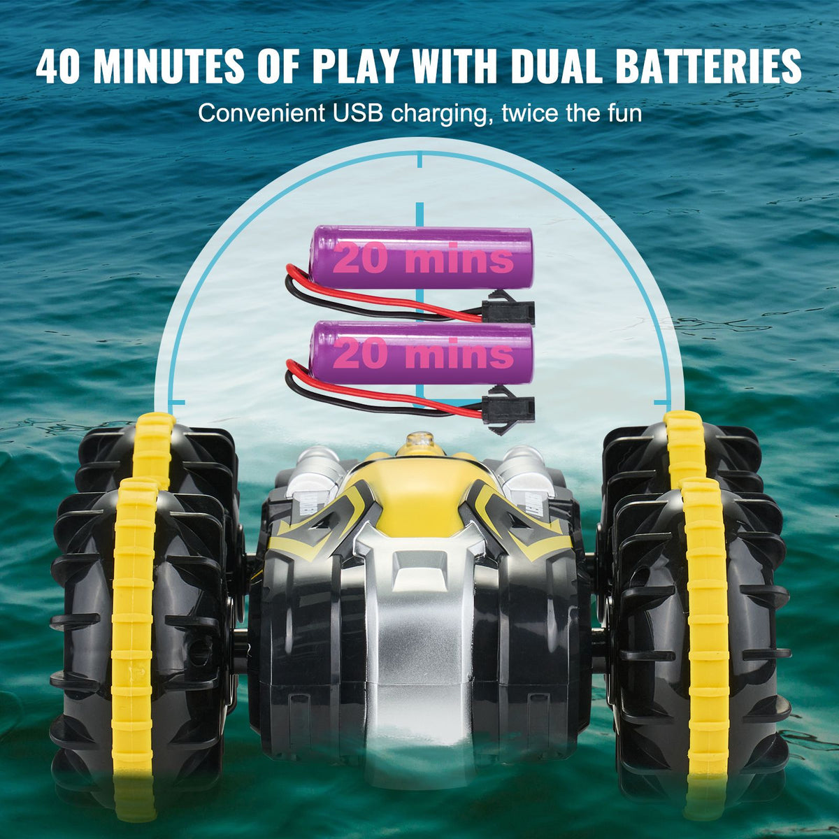 Amphibious Remote Control Car Boat, 2.4GHz 12 km/h, 4WD Waterproof RC Car for Kids, 360° Rotating Stunt Car with 2 Batteries, All Terrain Water Beach Pool Toy for 6+ Year Old Boys Girls, Yellow