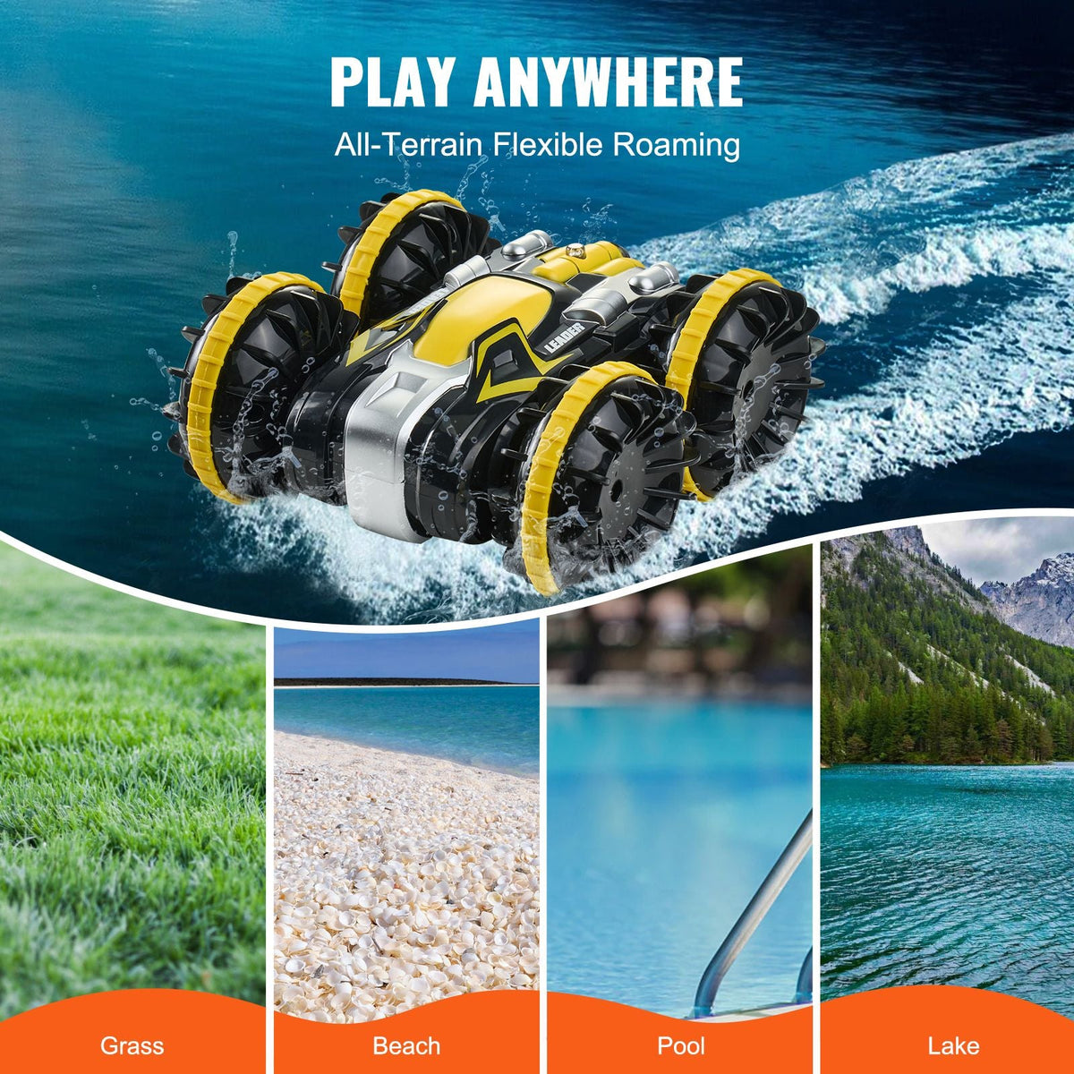 Amphibious Remote Control Car Boat, 2.4GHz 12 km/h, 4WD Waterproof RC Car for Kids, 360° Rotating Stunt Car with 2 Batteries, All Terrain Water Beach Pool Toy for 6+ Year Old Boys Girls, Yellow