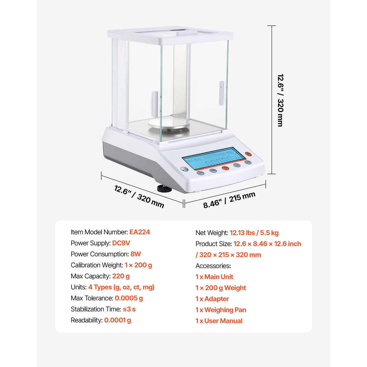 Analytical Balance, 220 g x 0.1 mg, 0.0001 g High Precision Accuracy Lab Scale, g/oz/ct/mg 4 Units Electronic Digital Analytical Balance with Glass Draft Shield, for Laboratory Jewelry Pharmacy